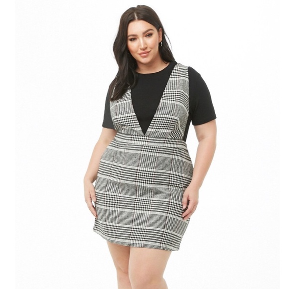 Forever 21 Black White Plaid Plunge V Neck Pinafore Mini Dress 2X NWT - Picture 1 of 14